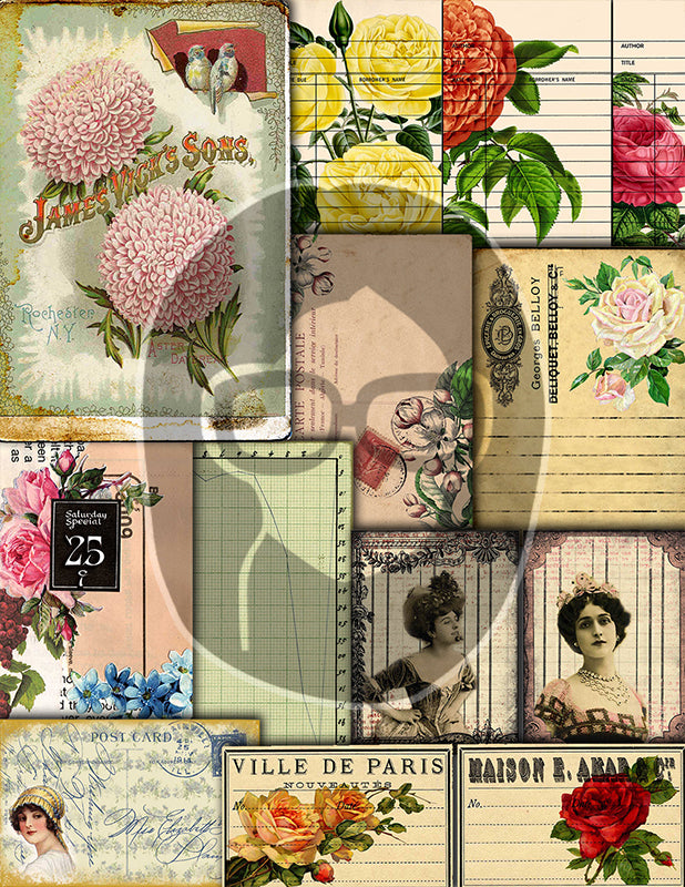 Junk Journal DIY Kit, Printable Journal Bundle #17 -47pg Digital Download- Vintage Roses Pages, Shabby Chic Tags, Postcards, Note cards