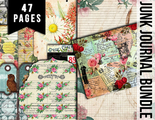 Journaling Bundle, Junk Journal Pages & Ephemera Bundle #18 -47pg Digital Download- Note Cards, Tags, Postcards, Vintage Paper, Envelopes