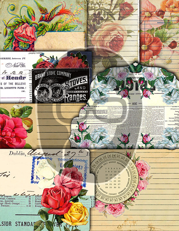 Journaling Bundle, Junk Journal Pages & Ephemera Bundle #18 -47pg Digital Download- Note Cards, Tags, Postcards, Vintage Paper, Envelopes