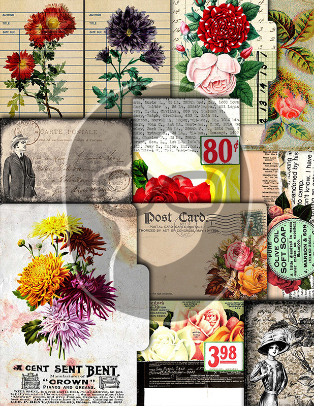 Journaling Bundle, Junk Journal Pages & Ephemera Bundle #18 -47pg Digital Download- Note Cards, Tags, Postcards, Vintage Paper, Envelopes