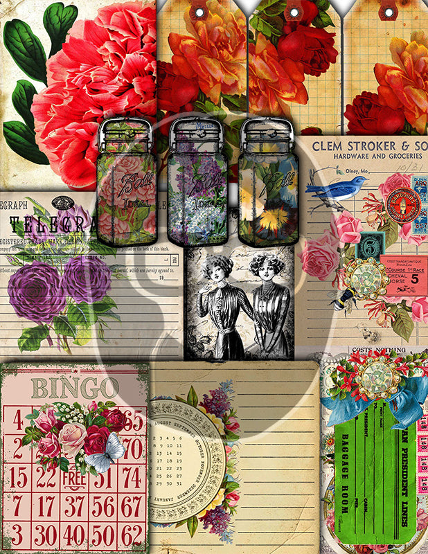 Journaling Bundle, Junk Journal Pages & Ephemera Bundle #18 -47pg Digital Download- Note Cards, Tags, Postcards, Vintage Paper, Envelopes