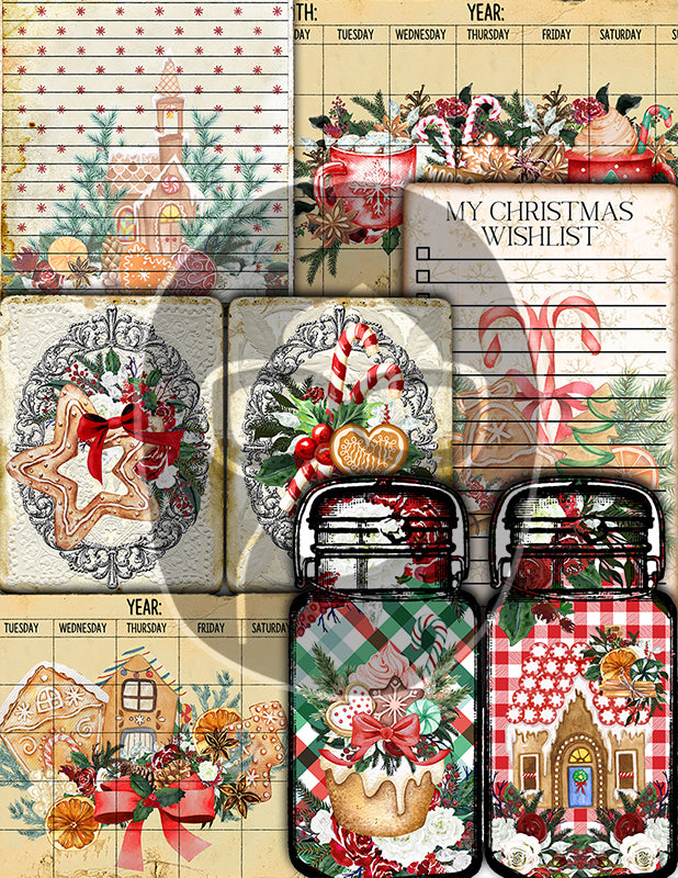Christmas Gingerbread Cookies, Traditional Red, Ephemera Bundle #24 -16pg Digital Download- Junk Journal Kit, Cards, Jars, December Daily