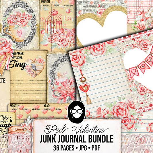 Valentine's Junk Journal Kit, Journaling Bundle #26 -36pg Digital Download- Ephemera, Pattern Paper, Quotes, Note Cards, To do List, Shabby chic