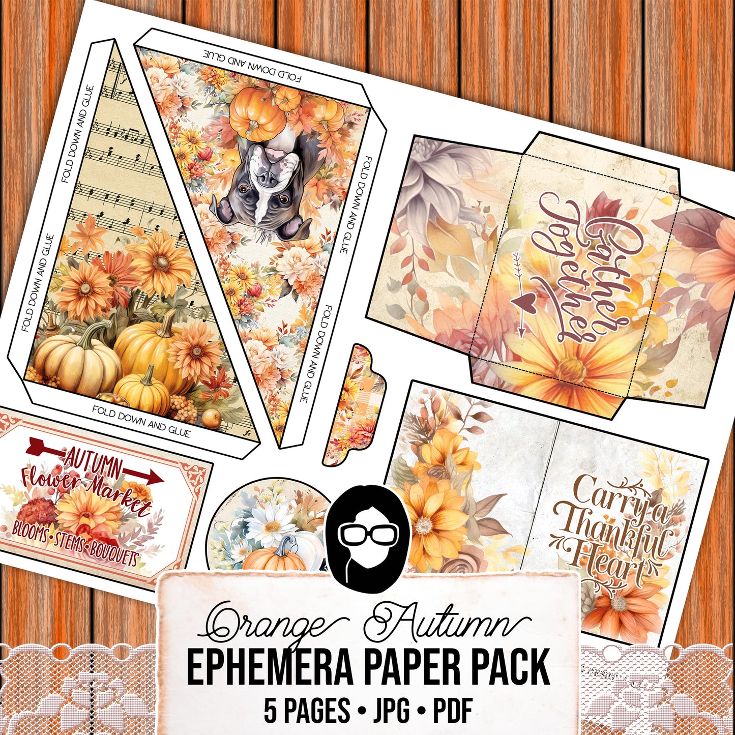 Autumn Journal Printable Ephemera, Fall Junk Journaling -5pg Digital Download- Journaling Ephemera, Thanksgiving Ephemera, Autumn Flowers