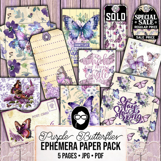 Purple Digital Butterflies, Purple Junk Journal Kit -5pg Digital Download- Affirmations Kit, Positive Quotes, Journaling Ephemera, For Women