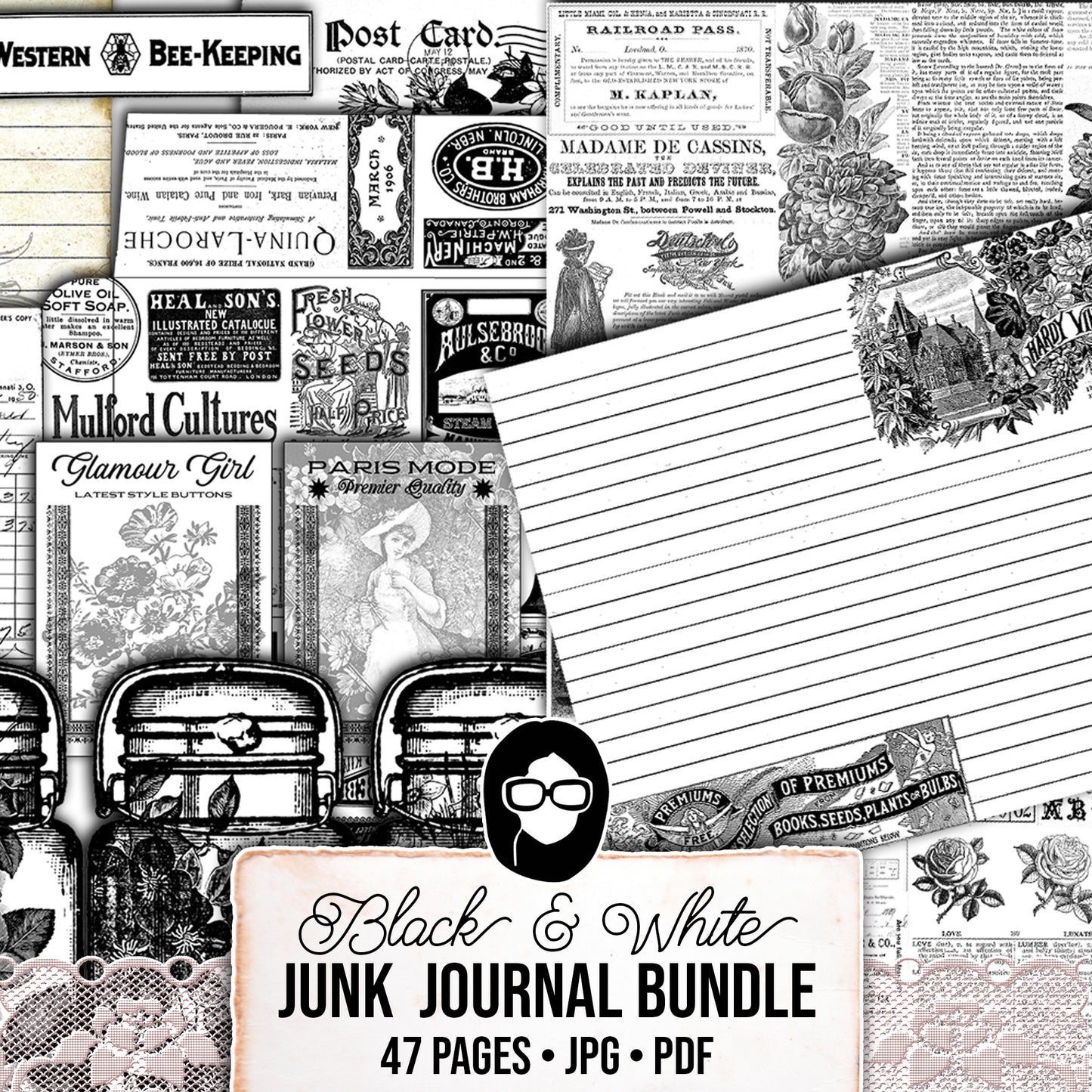 Ink Saver, Junk Journal Starter Kit, Bundle #9 -47pg Digital Download- Printable Vintage Paper, Ephemera, Jars, Cards, Tickets, Pages, Set