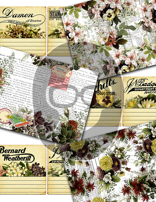 Junk Journal DIY Kit, Journaling Bundle #3 -31pg Digital Download- Vintage Ephemera, Printable Notecards, JPG Download, Pink Spring Flowers