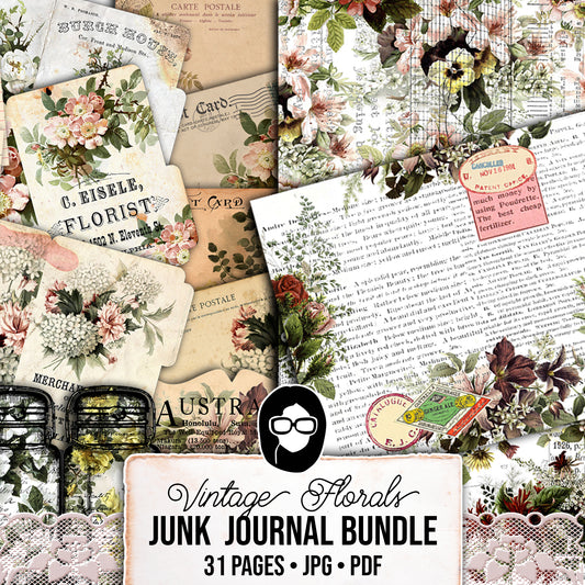 Junk Journal DIY Kit, Journaling Bundle #3 -31pg Digital Download- Vintage Ephemera, Printable Notecards, JPG Download, Pink Spring Flowers