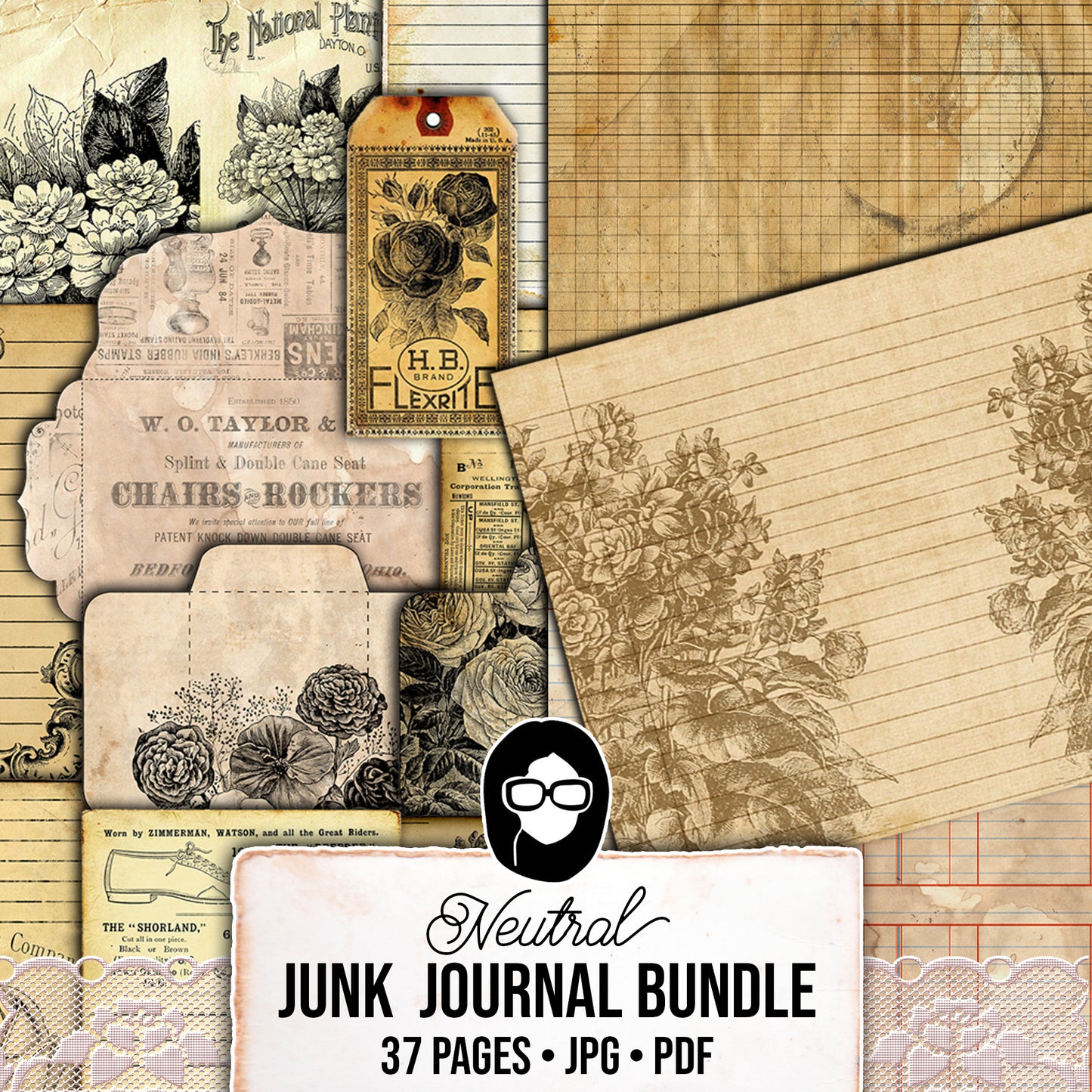 Junk Journal Starter Kit, Neutral Journal Ephemera, Bundle #4 -37pg Digital Download- Cards, Pockets, Tags, Envelopes, Printable Vintage Art