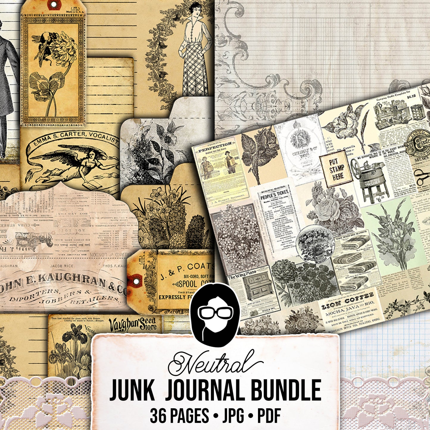 Junk Journal Kit Printable, Neutral Journal Ephemera, Bundle #6 -36pg Digital Download- Pages, Pockets, Tags, Starter Kit, Vintage Paper