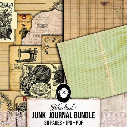 Junk Journal Kit Printable, Neutral Journal Ephemera, Bundle #6 -36pg Digital Download- Pages, Pockets, Tags, Starter Kit, Vintage Paper