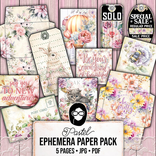 Pastel Junk Journal Kit, Digital Journal Cards -5pg Instant Download- Journaling Ephemera, Scrapbook Essentials, Ephemera Paper Pack Set
