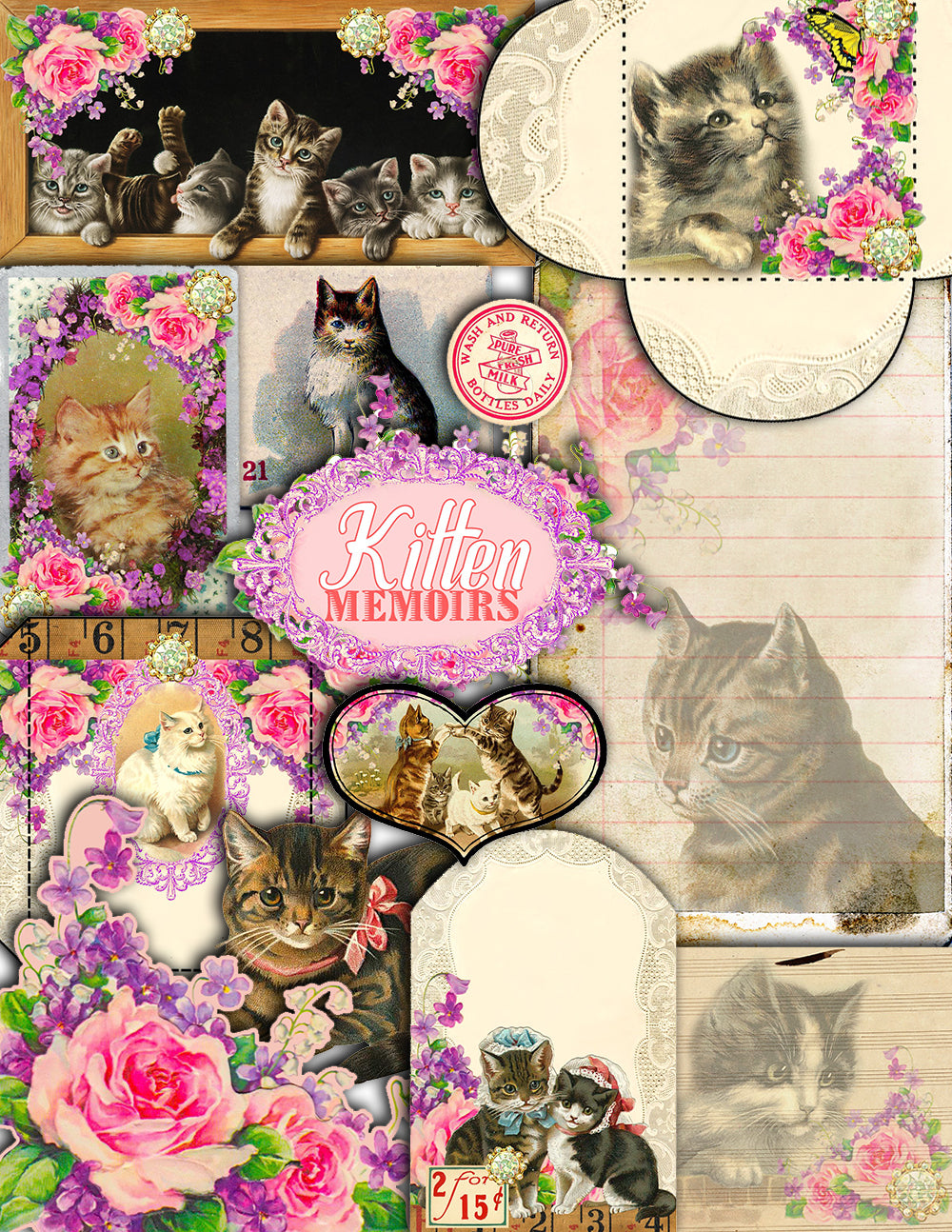 Cat Junk Journal Kit -Travelers Notebook - Kitten Memoirs - 15 Printable Midori Insert Pages - travellers notebook, fauxdori insert, feline