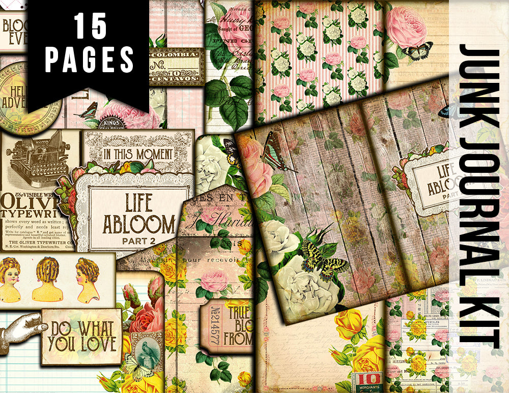 Junk Journal Kit, Life Abloom 2 -15Pg Instant Download - vintage junk journal, floral digital paper, diy journal, Ephemera Paper pack