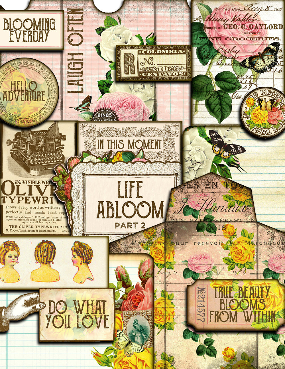 Junk Journal Kit, Life Abloom 2 -15Pg Instant Download - vintage junk journal, floral digital paper, diy journal, Ephemera Paper pack