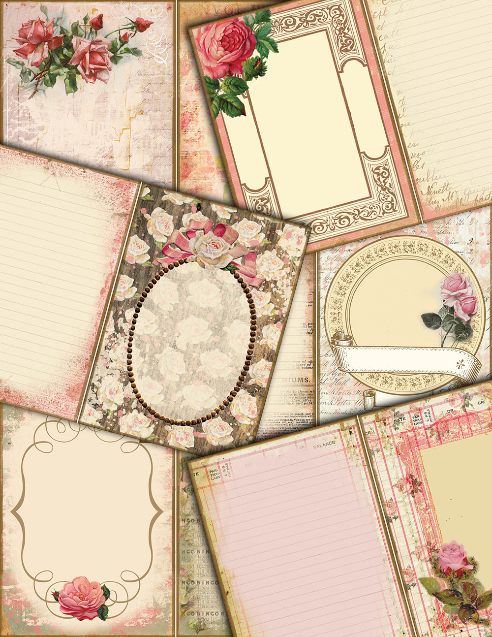 Fauxdori Inserts - Life Abloom Junk Journal Kit -27pg Digital Download - traveler notebook, midori journal pages, pink roses, shabby chic