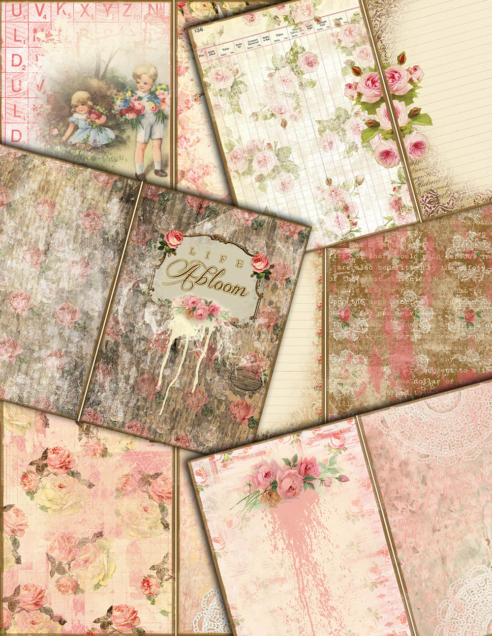 Fauxdori Inserts - Life Abloom Junk Journal Kit -27pg Digital Download - traveler notebook, midori journal pages, pink roses, shabby chic