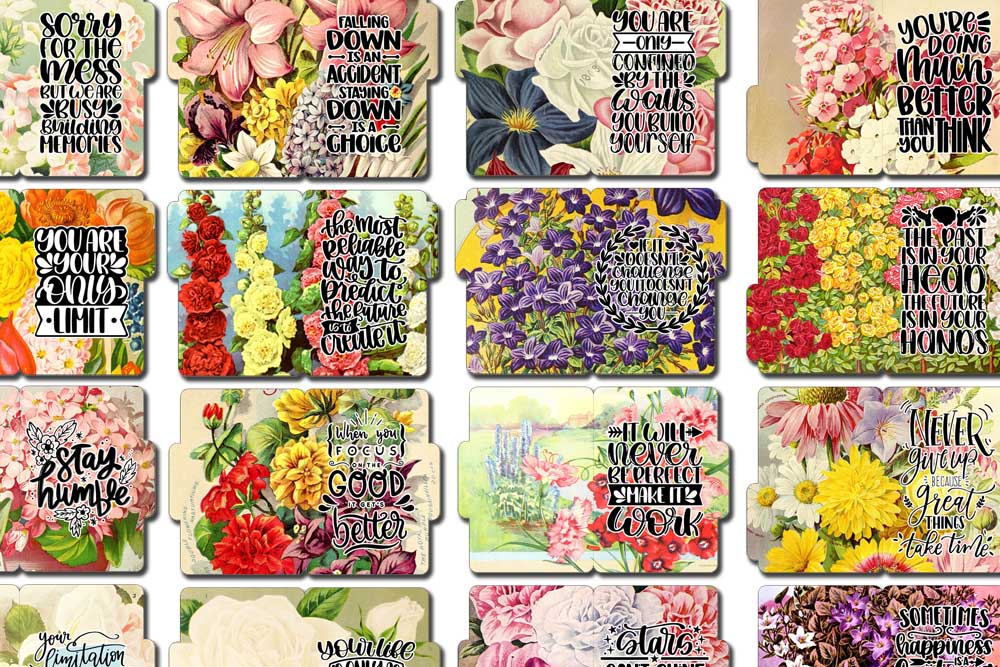 Motivational Phrases - Mini File Folder Set #15 - 9 Page Instant Download - floral short happy quotes, positivity, journaling cards