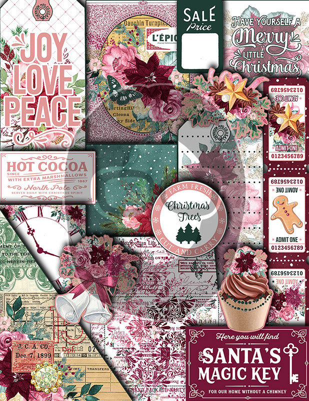 Pink Christmas Printable, Ephemera Fussy Cuts -6pg Digital Download- Junk Journal DIY Kit, Pockets, Envelopes, Labels, Tags, Cards, Titles