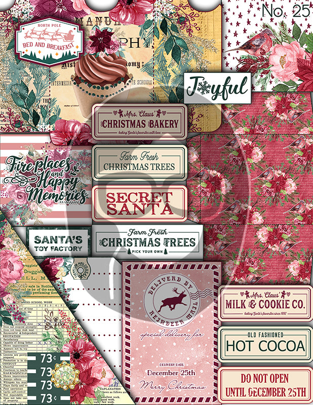 Pink Christmas Printable, Ephemera Fussy Cuts -6pg Digital Download- Junk Journal DIY Kit, Pockets, Envelopes, Labels, Tags, Cards, Titles
