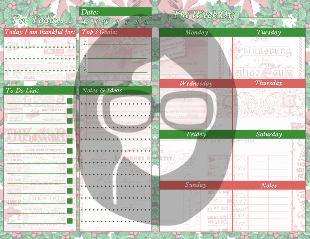 Retro Vintage Pink Christmas Junk Journal Printable Planner Pages -S1- 6 Pg Instant Download - Holiday digital kit, December Daily Journal