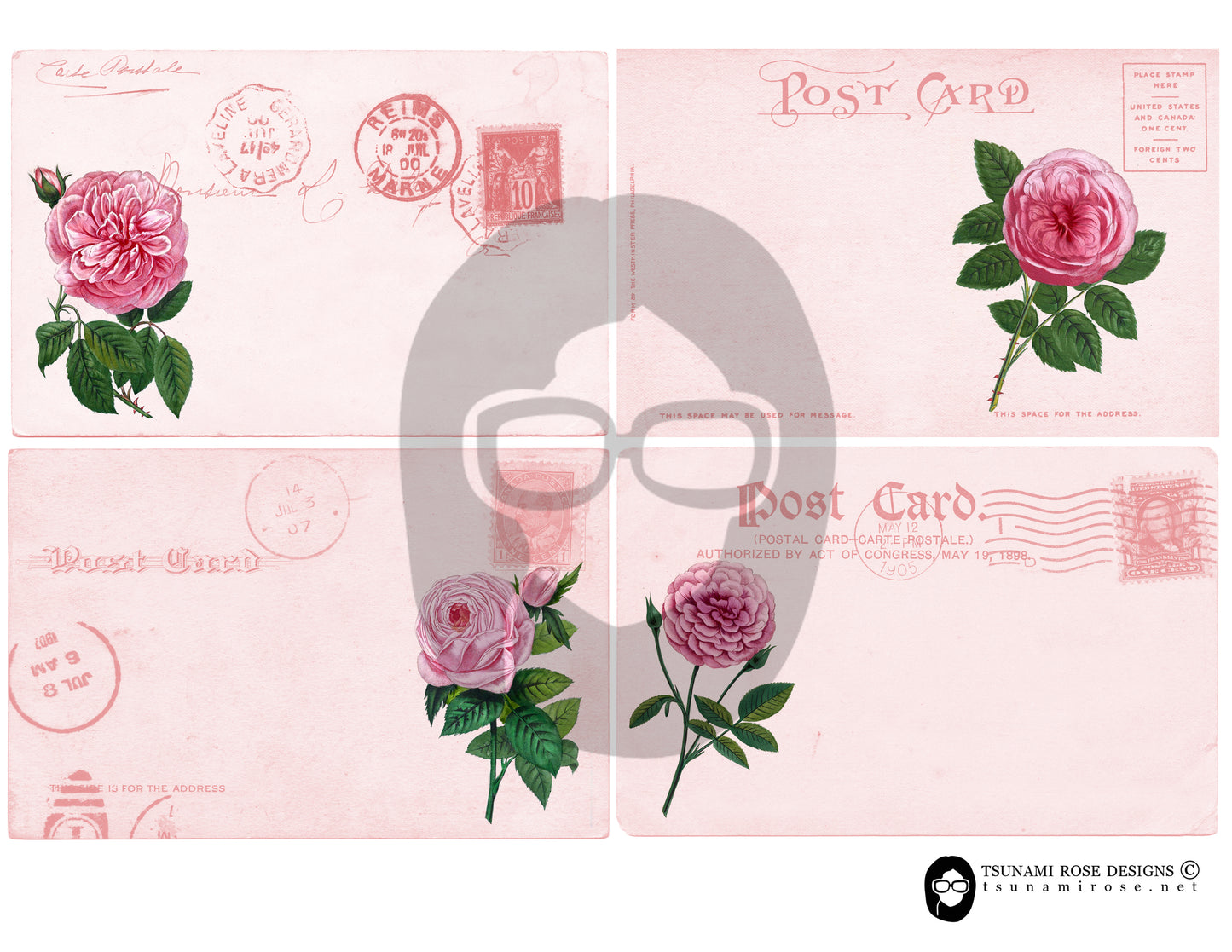 Pink Roses PostCards Collection #14 - 6 Page Instant Download - blank journal cards, digital journal kits, roses clipart floral