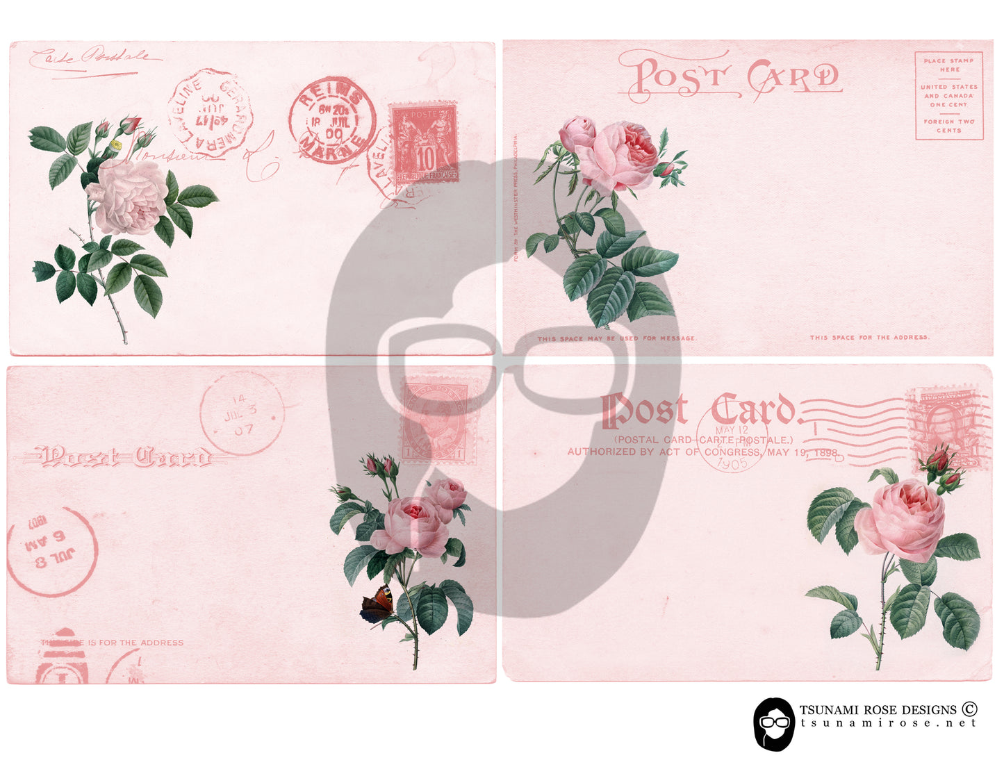 Pink Roses PostCards Collection #14 - 6 Page Instant Download - blank journal cards, digital journal kits, roses clipart floral