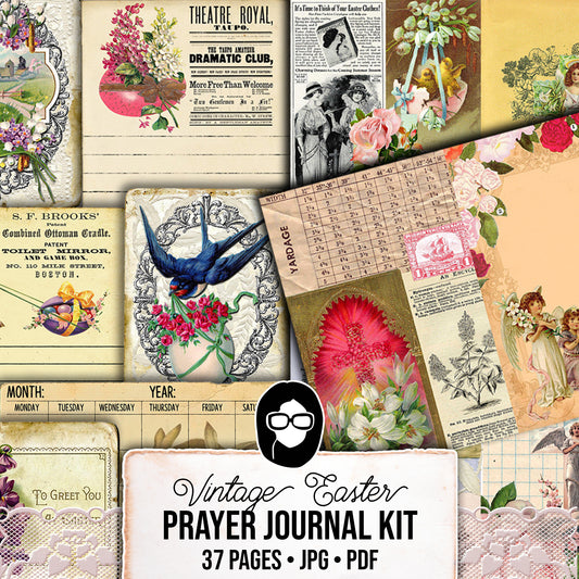 Antique Easter, Junk Journal Kit, Bible Journaling Printables -37pg Digital Download- Prayer Note Card, Devotional for Women, Catholic Cross