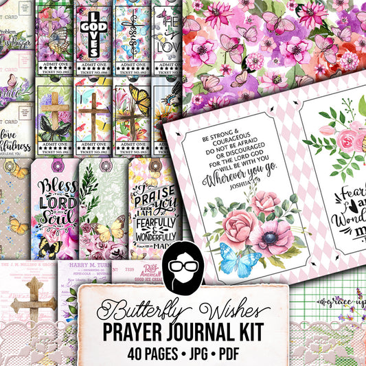 Butterfly Prayer Kit, Faith Junk Journal Kit-40pg Digital Download- Religious Note Cards, Catholic Cross, Prayer Quotes, Bible Verse Cards