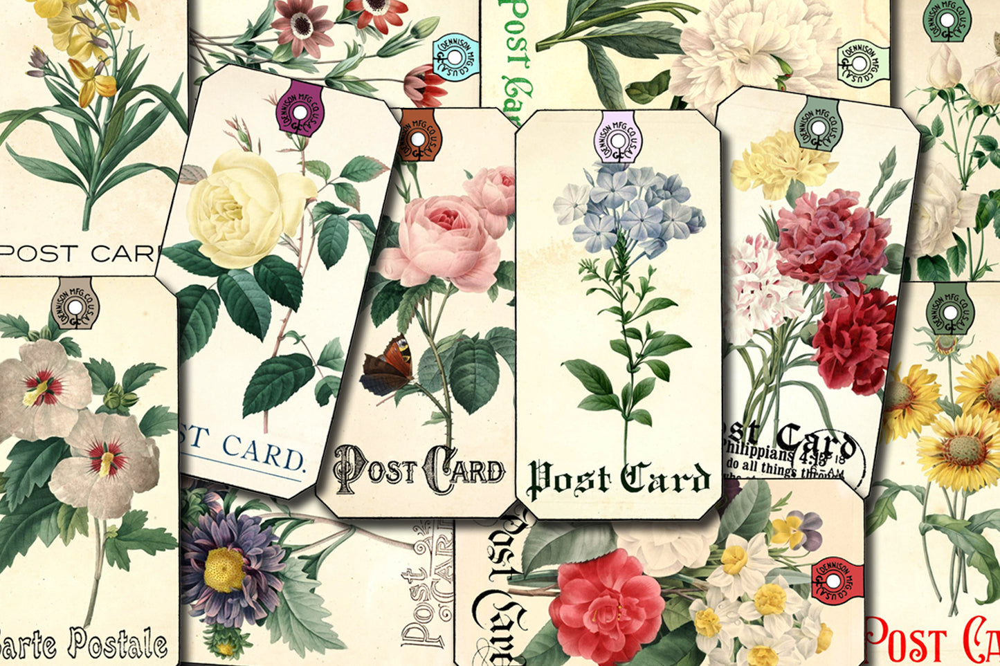 Vintage Floral Postcard Junk Journal Tags 2.0 - Set #4 - 3 Page Instant Download, digital journaling card, printable ephemera kit