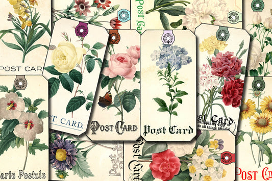 Vintage Floral Postcard Junk Journal Tags 2.0 - Set #4 - 3 Page Instant Download, digital journaling card, printable ephemera kit