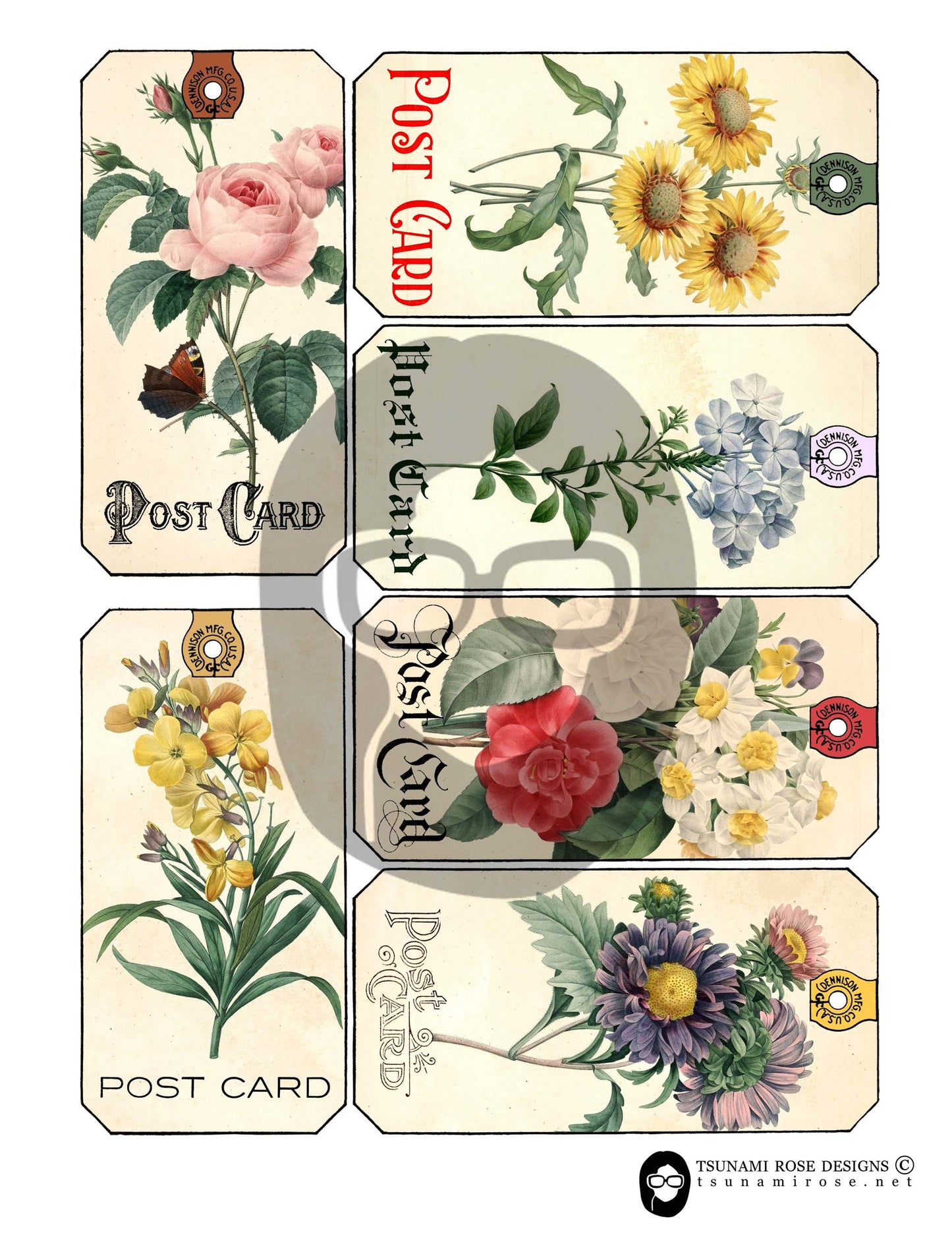 Vintage Floral Postcard Junk Journal Tags 2.0 - Set #4 - 3 Page Instant Download, digital journaling card, printable ephemera kit