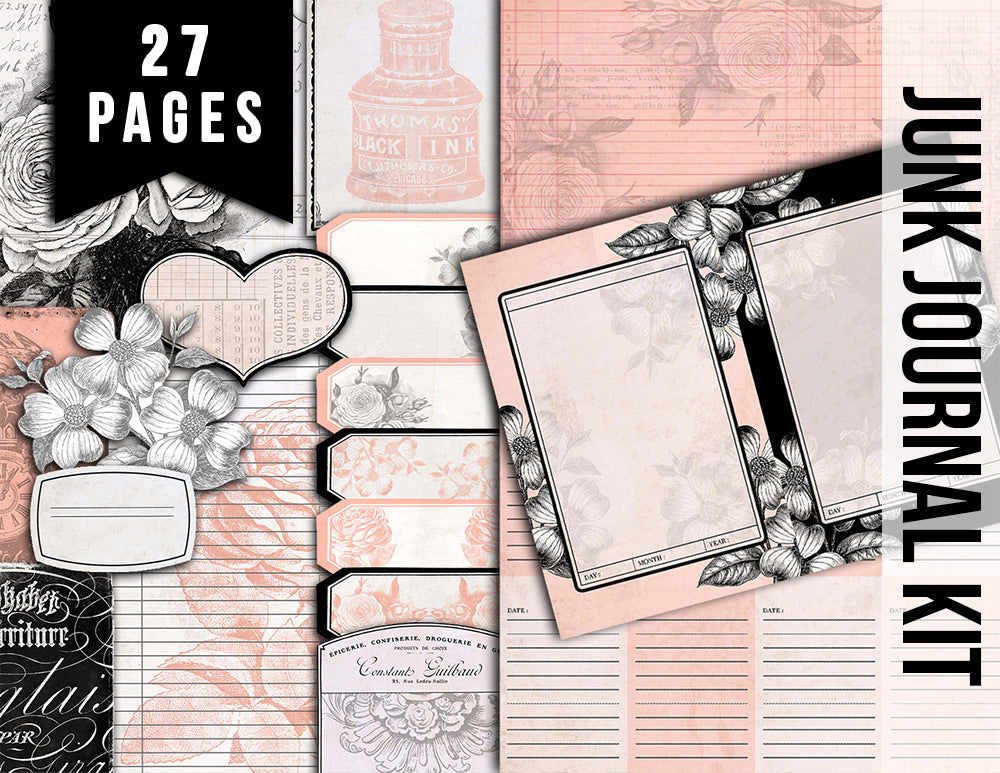 Junk Journal kit, Rose Notecards -27pg Digi Download- printable diary pack, vintage junk journal, floral digital paper, diy journal ephemera
