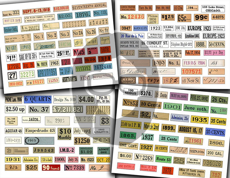 Junk Journal Labels, Vintage Numbers Printable -30pg Digital Download- Grungy Numbers, Fussy Cut Ephemera, Ink Saver, Distressed Labels