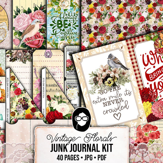 Vintage Junk Journal Kit, Printable Journal Bundle -40pg Digital Download- Affirmations Kit, Positive Quotes, Journaling Vintage Ephemera