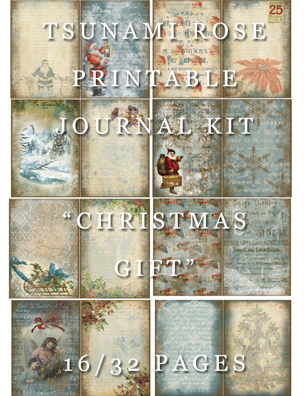 Junk Journal Kit - Christmas Gift - 27 Pg Instant Download - Holiday Holly Xmas vintage junk journal, Elegant Blue Winter Journal kit diy